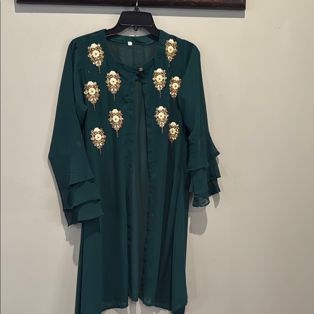 🌸Women’s Green Embellished Tunic with Mandarin Collar dress top cover